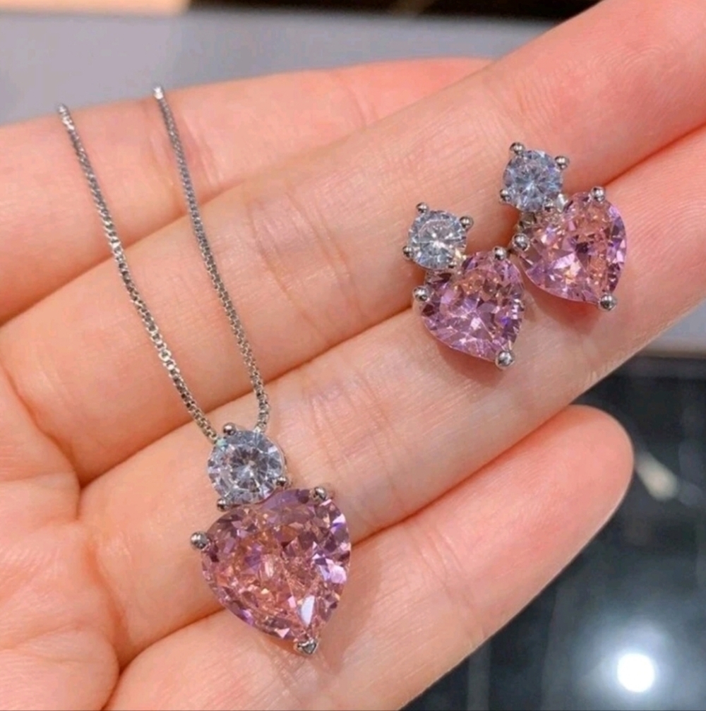 Pink Cubic Zirconia Heart Drop Set Pendant Silver Necklace Earrings - Picture 4 of 7